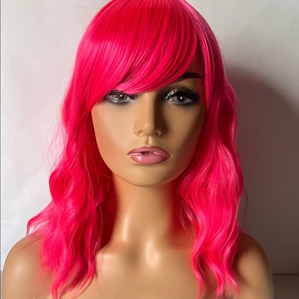14 Inch/35 cm Short Wavy Curly synthetic flat bangs neon hot pink wig